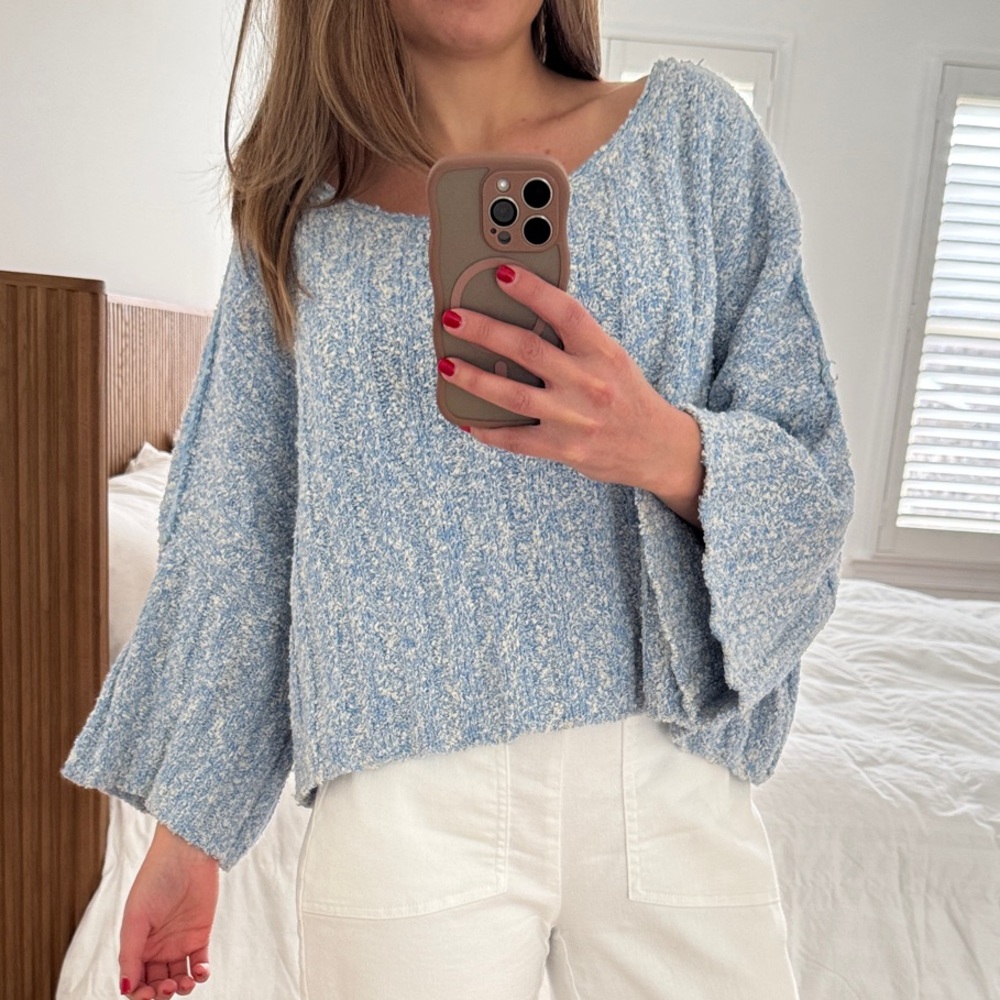 Free People Textured Blue and White Knit Top